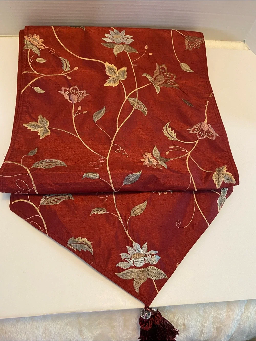 Table Runner Embroidered floral fabric multicolor on dark wine red W Tassels